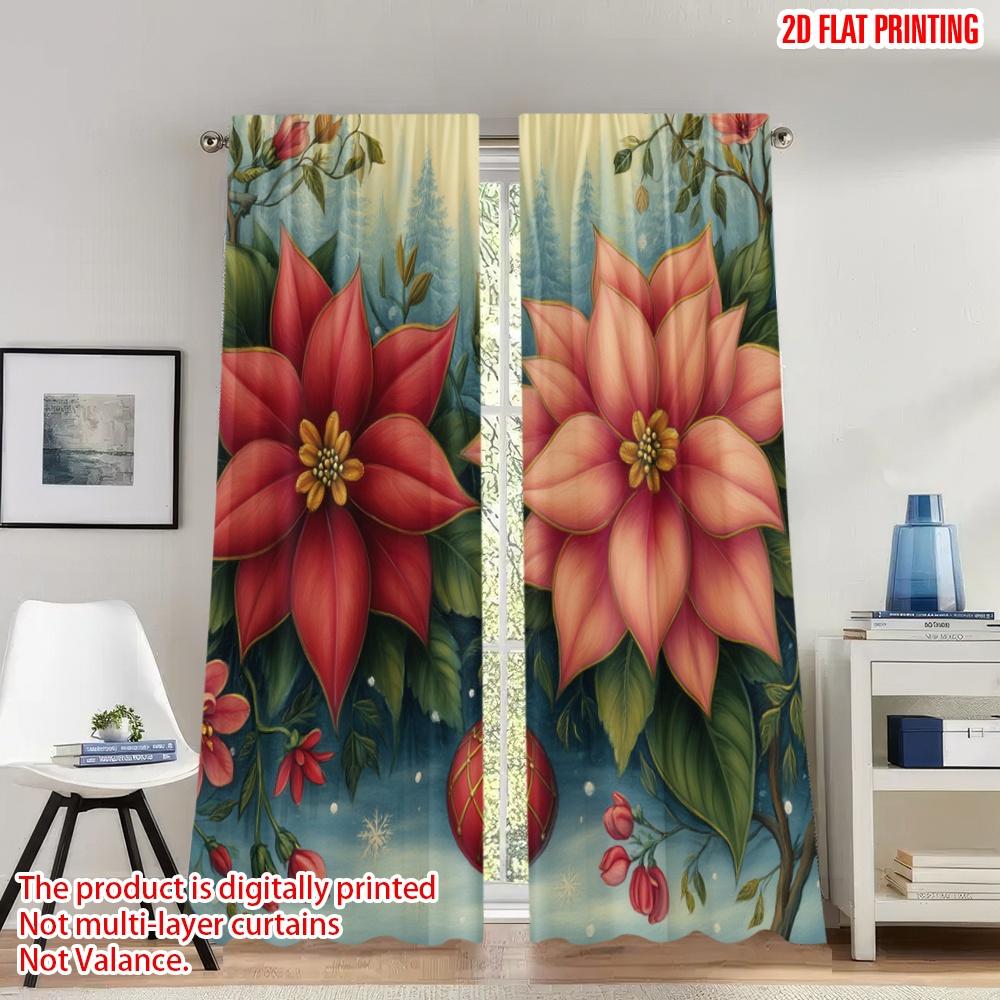 

Flat Printing Merry Christmas Curtains Poinsettia Berries Ornament Digital Printed Polyester Drapes Festive Curtain Set Of 2 Made Washable W100*H70(CM)-Hooks&1PCS