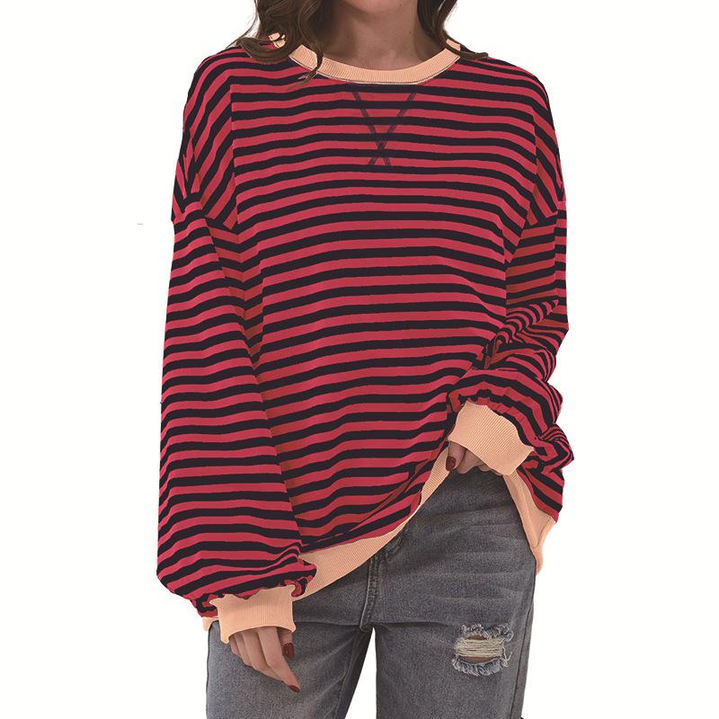 

Женский полосатый свитшот с круглым вырезом и длинными рукавами в стиле кэжуал XL кирпич красный