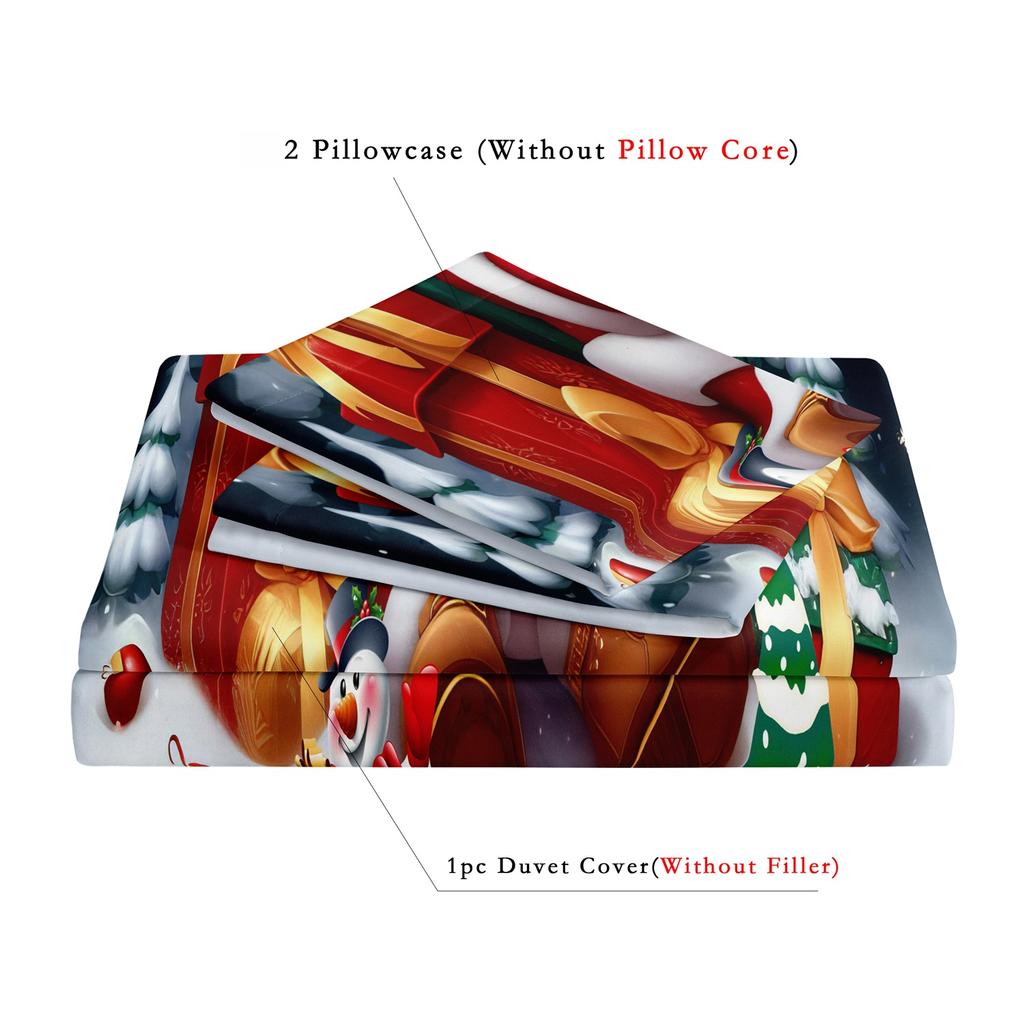3-teiliges Weihnachts-Bettwäsche-Set Weihnachtsmann- & Schneemann-Druck Bettbezug Atmungsaktives Polyester Weihnachtsgeschenk 1 Bettbezug 2 Kissenbezüge