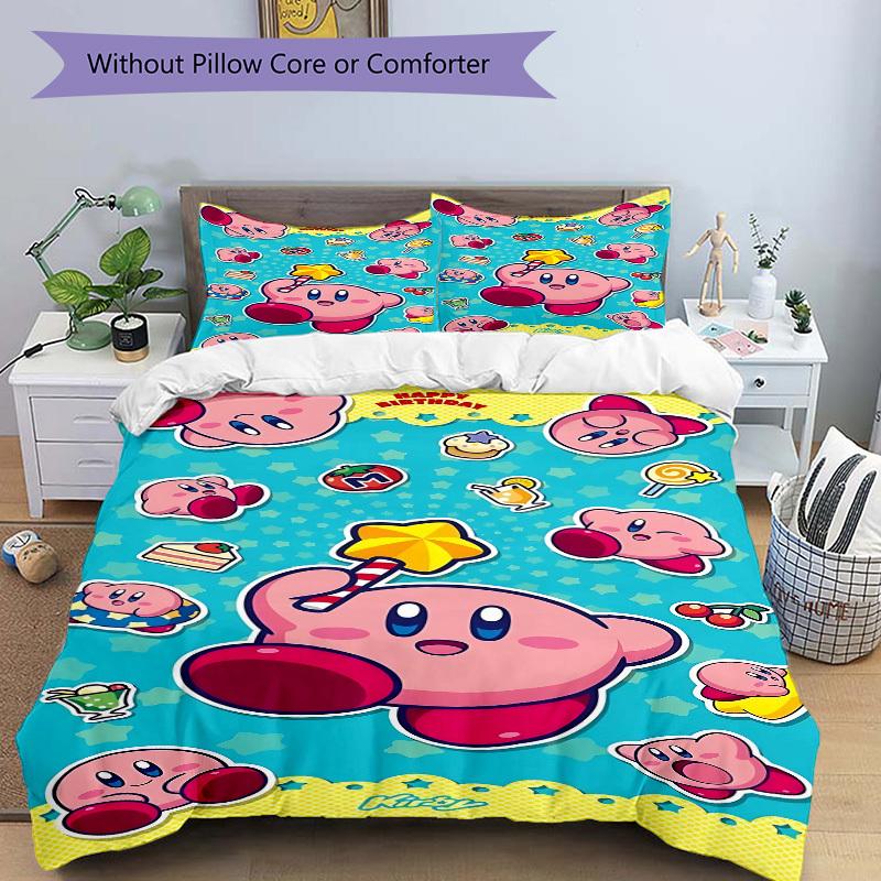 3pcs Bedding Set Birthday Kirby Includes 1 Comforter + 2 Pillowcases, Without Pillow Inserts, Soft Comfortable, Lightweight Breathable, Prin