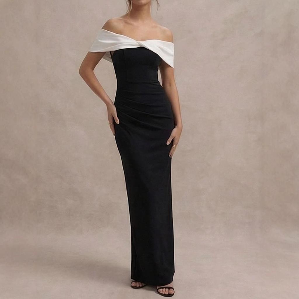 Women Black Off Shoulder Maxi Dress with White Cross Strap Ruched Bodycon Evening Dress