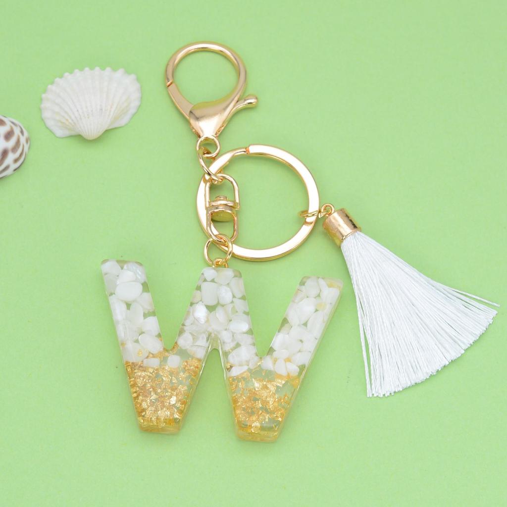 Trendy White Tassel Letter Keychain with Crystal Pendant