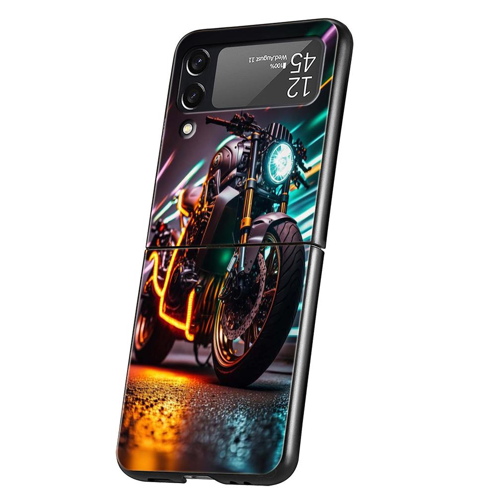 Motorcycle Hard PC Phone Case For Samsung Galaxy Z Flip 5 4 3 Black Cover For Galaxy Z Flip 6 Foldable Shockproof Cases Fundas