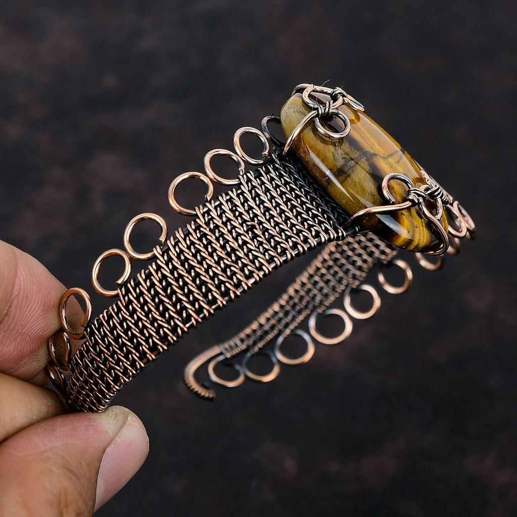 Tigerauge Edelstein Manschettenarmband Kupferdraht gewickelt verstellbares Manschettenarmband Handarbeit Unikat Armreif Geschenk für Sie Kupferdraht Wickelschmuck