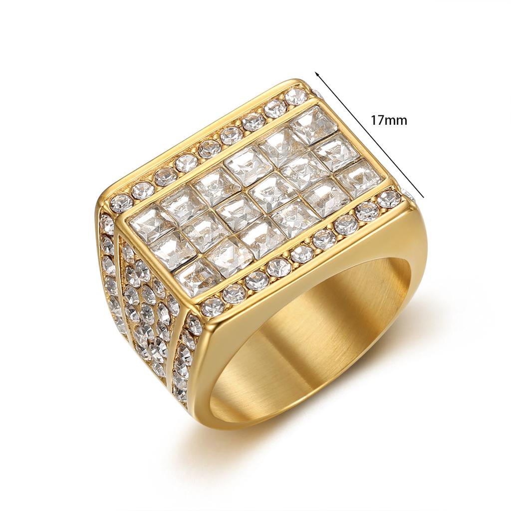 Luxury Iced Out Square CZ Ring for Men 316 Stainless Steel Hip Hop Bling Fashion Jewelry