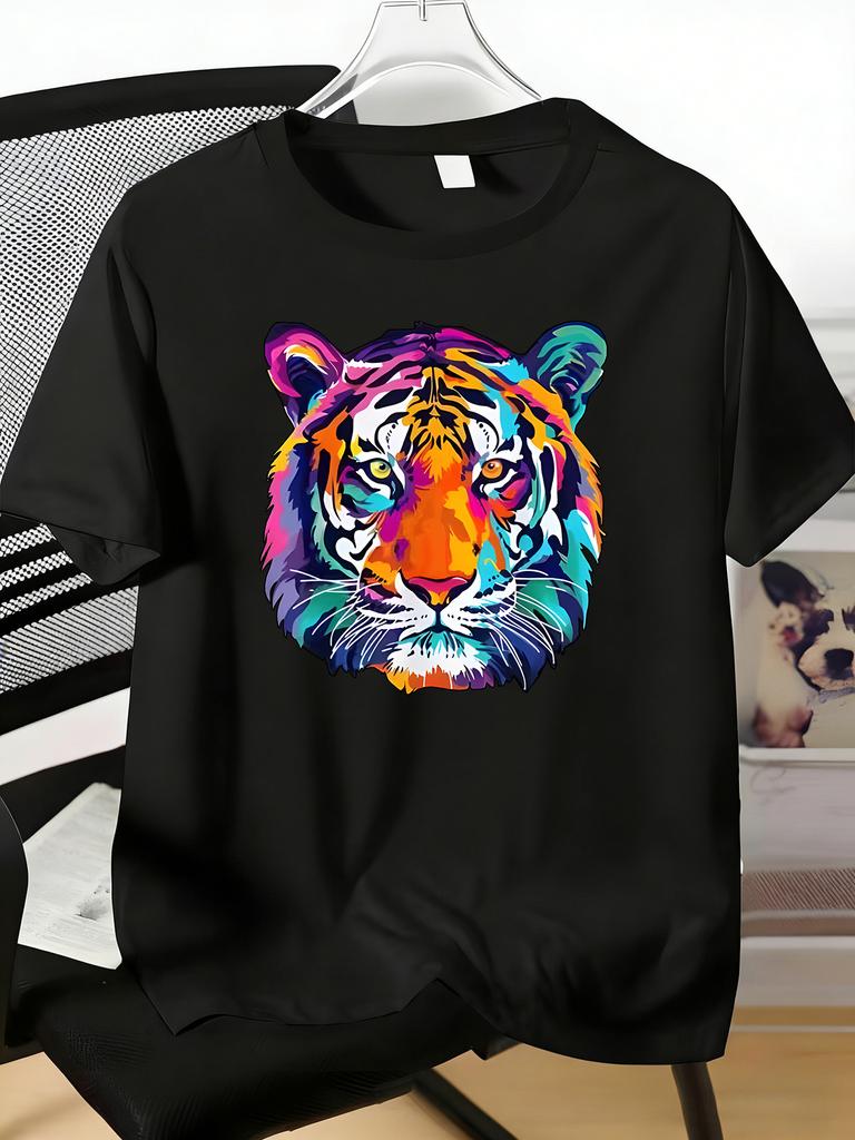 Colorful Pop Art Tiger Head Graphic Print Mens Crew Neck Short Sleeve Casual Basic Summer Daily