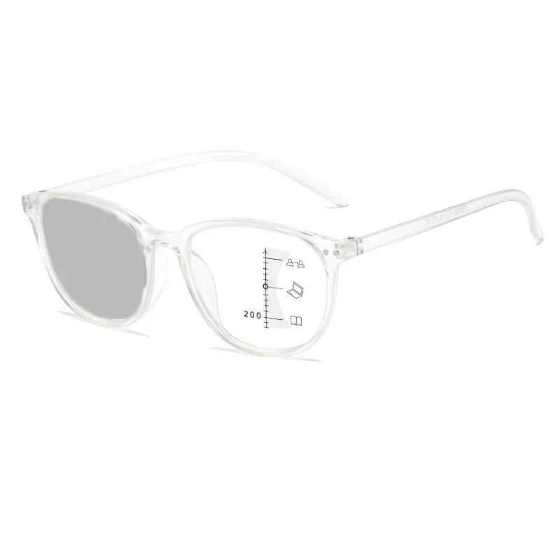 Women Round Photochromic Reading Glasses Trendy HD Color Changing Multifocal Glasses Men Anti-blue Ultralight Presbyopia 0+4.0