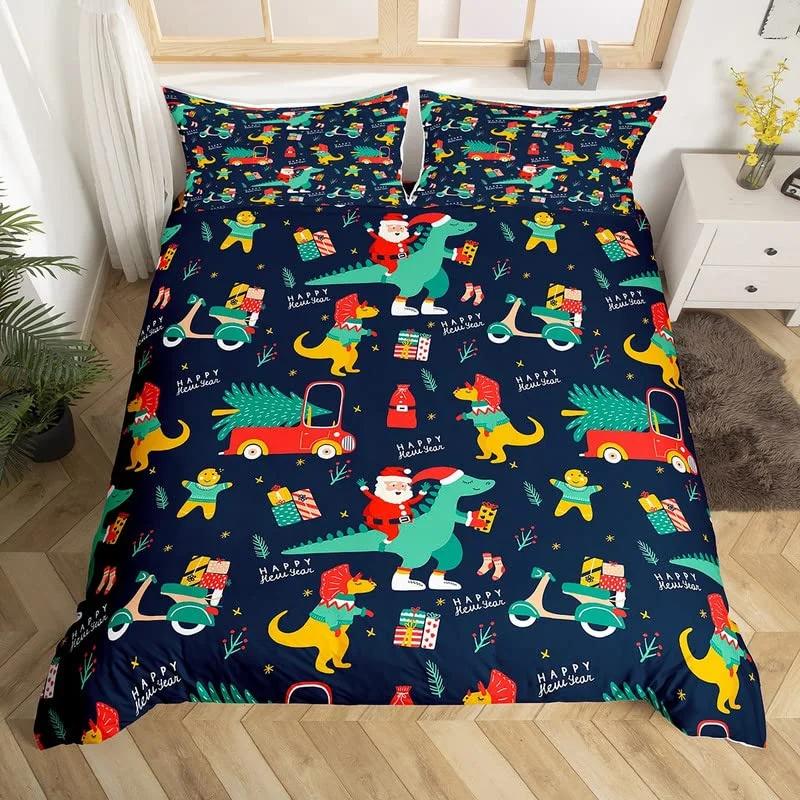 Cartoon Dinosaur Duvet Cover Cute Animal Bedding Set Microfiber Jungle Dino Christmas Theme Quilt Cover Single Double King Size