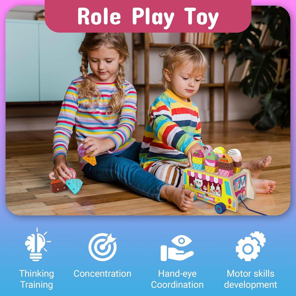 28 pcs Magnetic Ice Cream Sweet Treats Pretend Play Wooden Ice Cream Truck Food & Accessories Montessori Sorting Stacking Toys