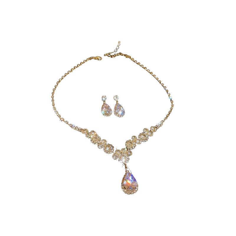 Water Drop Diamond Stud Earrings Necklace Light Luxury Fashion Pendant Collarbone Chain Internet Celebrity High Sense Jewelry Women
