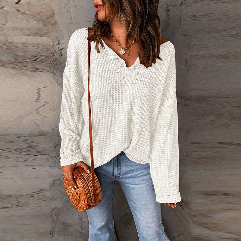 2024 Autumn Solid Color Waffle Knitting Long Sleeves T-shirt Female Fashion Drop-Shoulder Sleeve V-neck Casual Loose Pullover Female