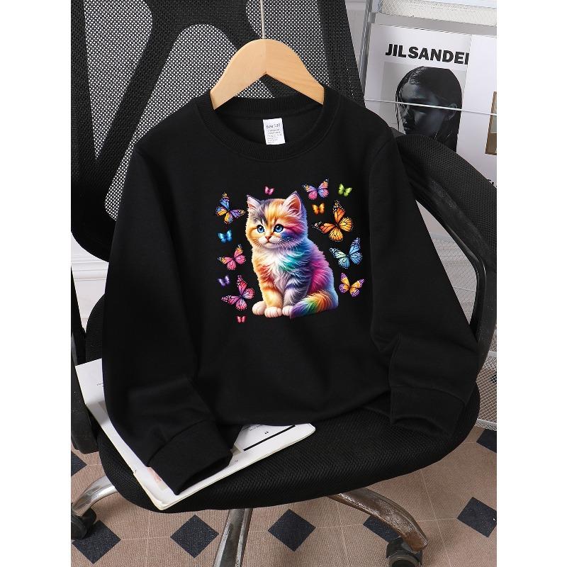 Kids Sweatshirt,Crew Neck Fashion Top, Fun"Rainbow Kitten Butterflies " Patterned Sweatshirt, for Everyday Casual Wear, for All Kinds of Daily Outfits