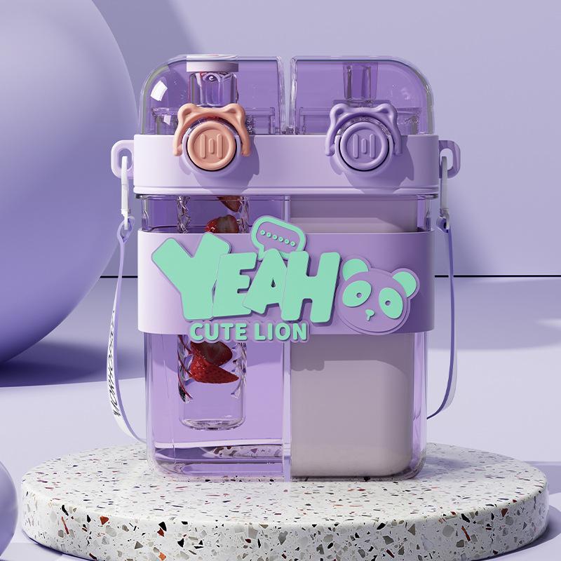 New Large-capacity Children's Water Bottle with Double Drinking Cups and Straws, Cute Cartoon Sports Water Cups