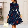 Women Plus Size Round Neck Long Sleeve Midi Dress Glitter Star Fireworks Swirl Print High Waist Swing Dress