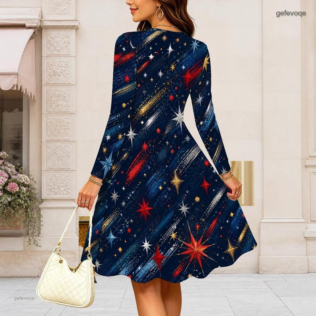Women Plus Size Round Neck Long Sleeve Midi Dress Glitter Star Fireworks Swirl Print High Waist Swing Dress