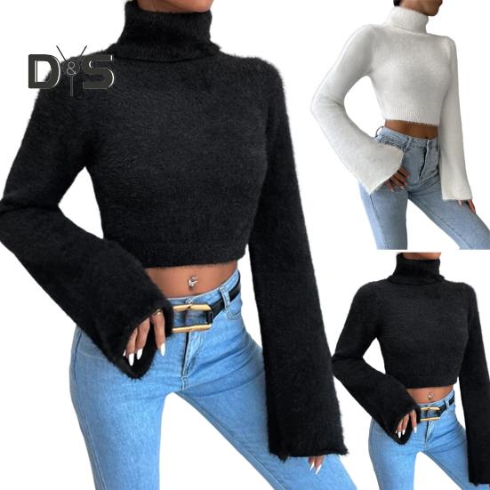 Kurzer Pullover für Damen, hoher Kragen, ausgestellt, lange Ärmel, einfarbig, schmale Passform, lässige Oberteile, freiliegender Nabel, Strickmode