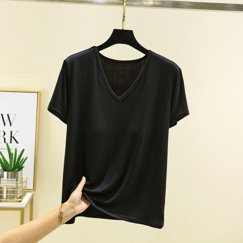

Модальная футболка с V-образным вырезом, с нагрудными подушечками, с короткими рукавами, женская, летняя, тонкая, однотонная, базовая, повседневная, больших размеров, свободного кроя, облегающая, топы Black L (Recommendation 40.00 kg-55.00 kg
