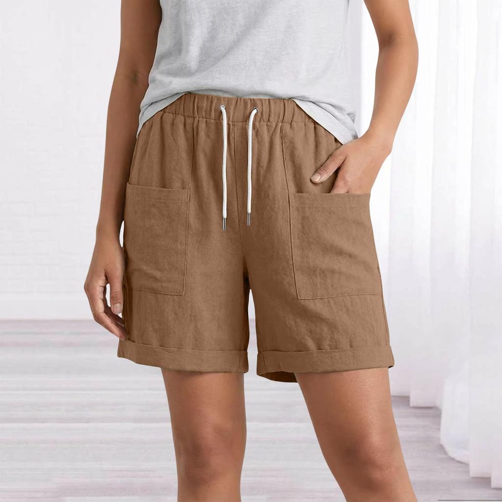 Women’s Linen Casual Shorts with Elastic Waistband Drawstring Adjustable Fit and Large Front Pockets for Everyday Wear