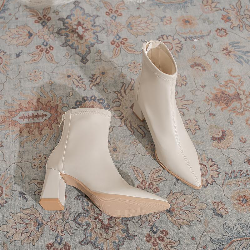 Soft leather pointed thick heel short boots women's 2025 autumn and winter new thin popular fashion versatile zipper Martin boots