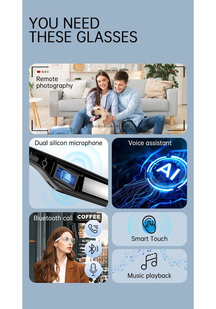 V6 Max Bluetooth Smart Glasses: Music, Calls, AI Assistant, UV Photochromic Lenses for Outdoor Sports