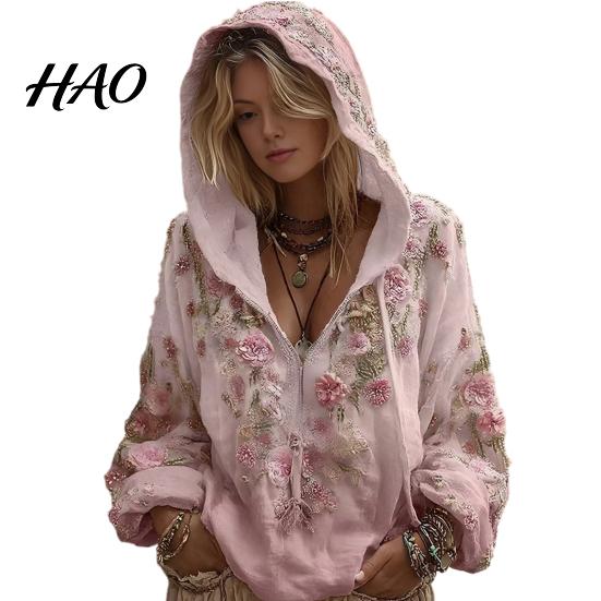 Windproof Neck Protection Top Women Tops 3D Flower Decor Hooded Zipper Sweatshirt Long Autumn Winter Warm Sleeve Loose Fit Casual Sporty Outerwear