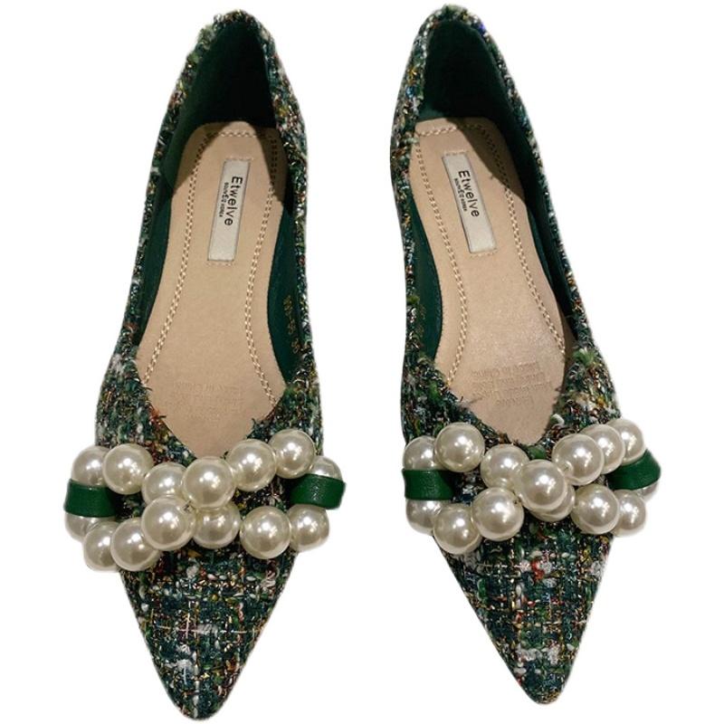Pantofi Plați Noi de Primăvară Vară 2025 cu Vârf Ascuțit Femei Verde Alb Pur Balerini cu Perle Mari Design Unic Mărimi Mari 44 45 46 33 34