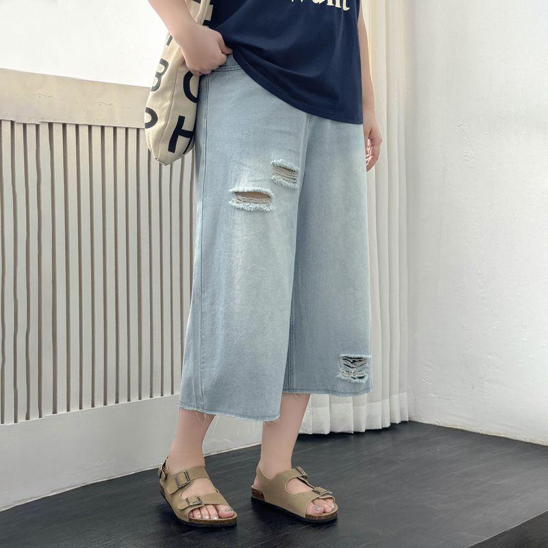 

Plus size women clothing [Trendy Match Ripped Jeans] Summer Chubby Girl High Waist Frayed Straight Pants Casual Capri Pants