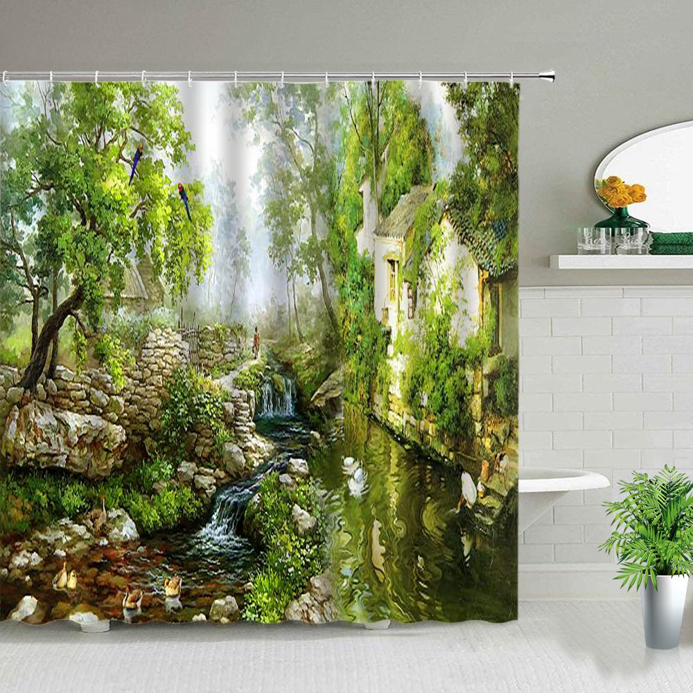 3d Nordic Italy Street Alley Shower Curtain Garden Flowers Scenery Retro Design Cloth Curtains Waterproof Home Bathroom Decor