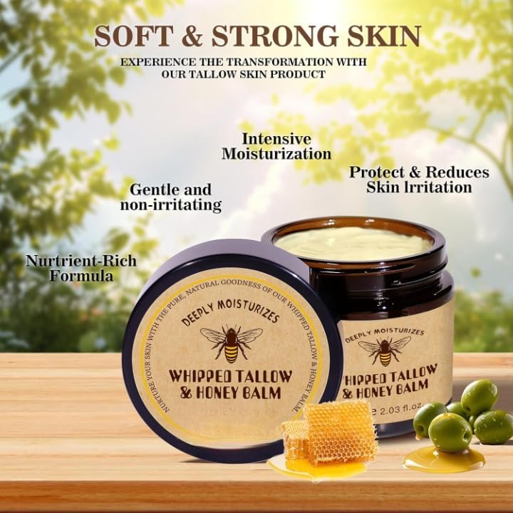 Natural Whipped Tallow & Honey Balm Cream | Grass-Fed Whipped Tallow & Honey Moisturizer | Ultra-Nourishing Skin Conditioning Balm | Deep Hydratio