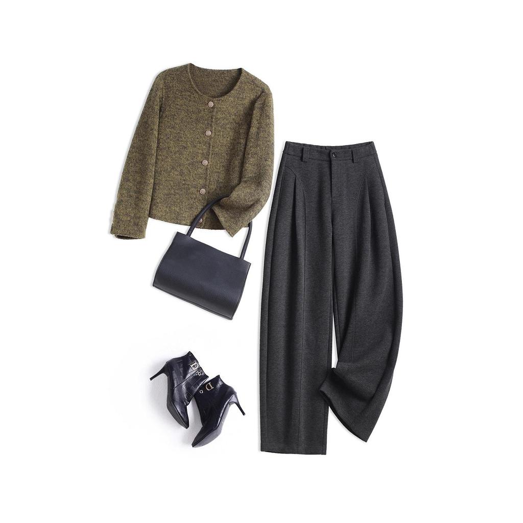 Mulberry Silk Wool Wide-Leg High Waist Pants for Women - Autumn/Winter Casual Drape with Velvet Lining.