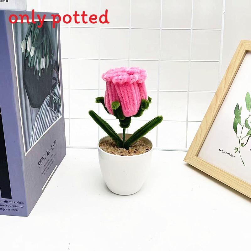 Multi Colored Plush Twisted Rod Rose Potted Desktop Decoration Ornament For Office Decor