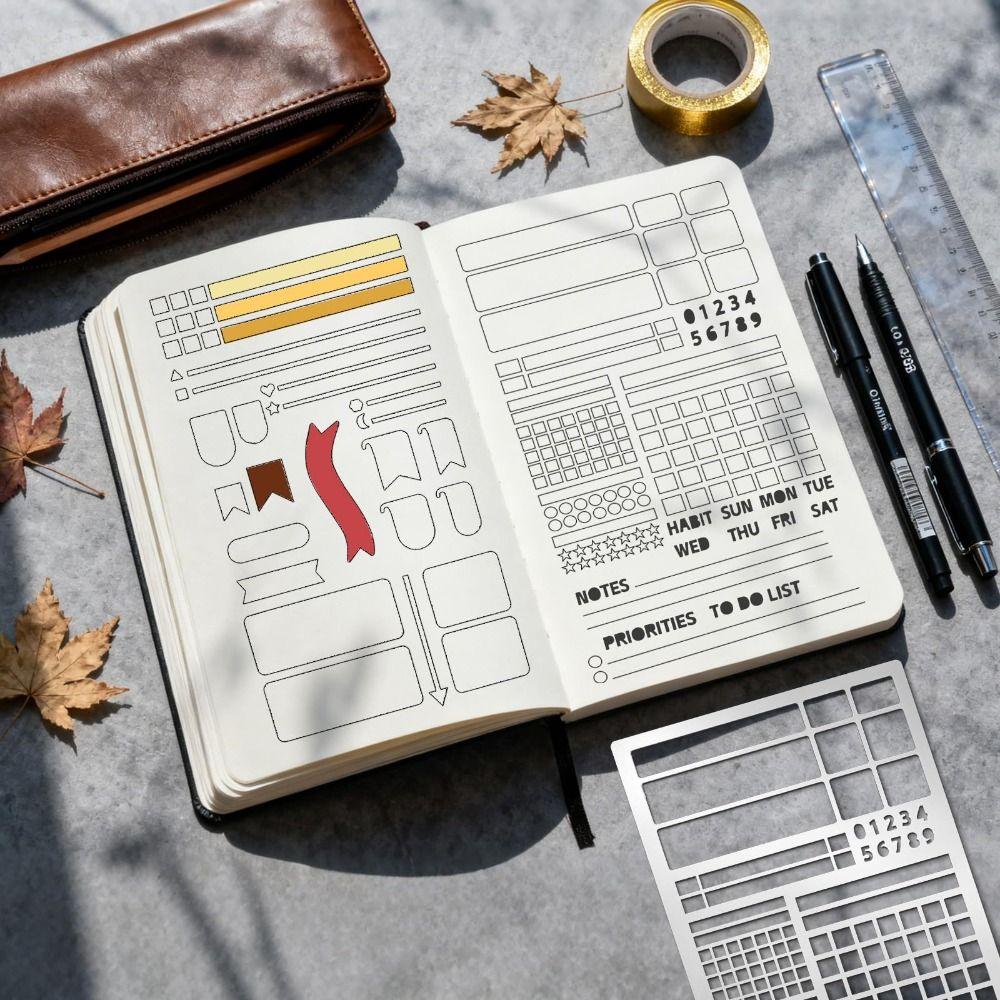 Vintage Stainless Steel Template Ruler Hollow Double-Sided Template Planner Stencil DIY Portable Drawing Ruler for Scrapbooking