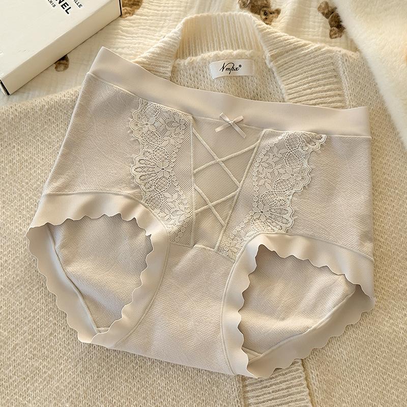 Women's Spring and Summer Lace Side Pure Cotton 10A Antibacterial Extension Crotch Light Abdominal High Briefs