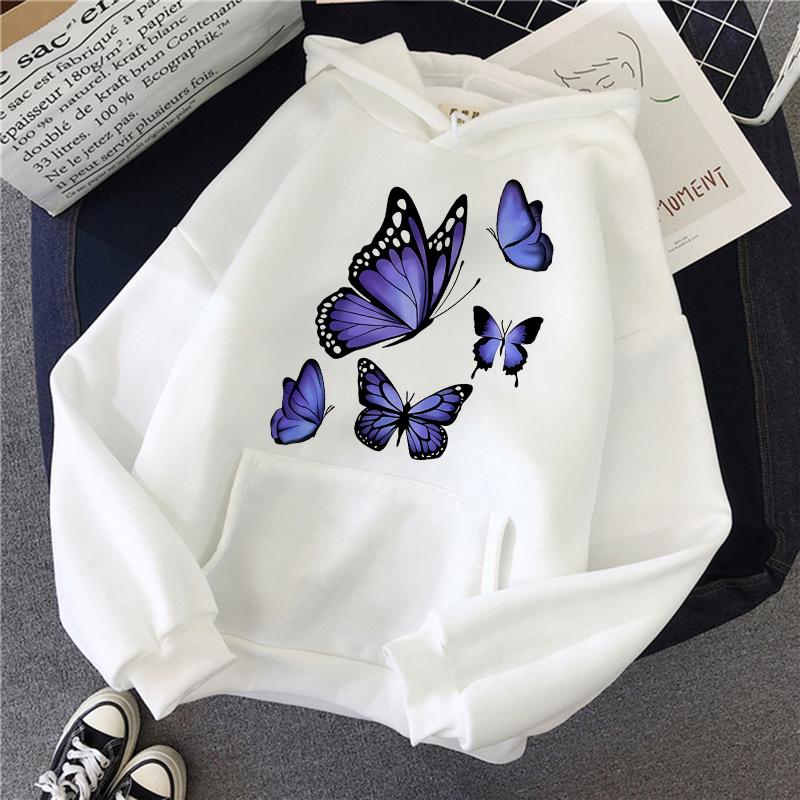 Graphic Dark Purple Butterfly Pattern Printed Hoodies Women's Vintage Y2k Sweatshirts Casual Hooded Clothes Kawaii Pullovers