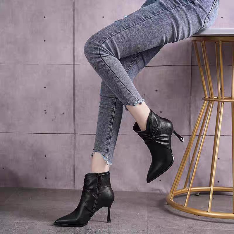 European and American fashion high-heeled short boots for women's winter new pointed-toed velvet warm-keeping thin-heeled pleated thin boots