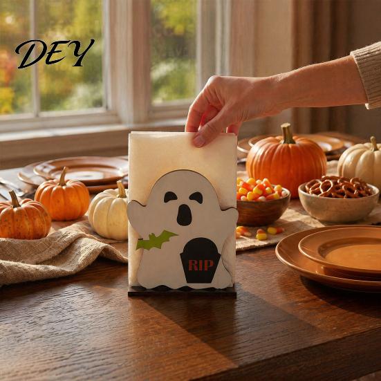 Decorative Napkin Dispenser Halloween Ghost Wooden Holder, Cute Paper Towel Holder Stand, Freestanding Tissue Organizer for Home Kitchen Restaurant