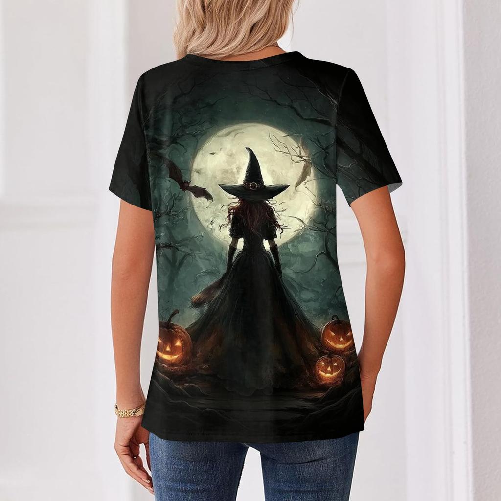 Womens Casual V Neck Short Sleeve Button T Shirt Halloween Pumpkin Witch Print Top Lightweight Comfortable Fit
