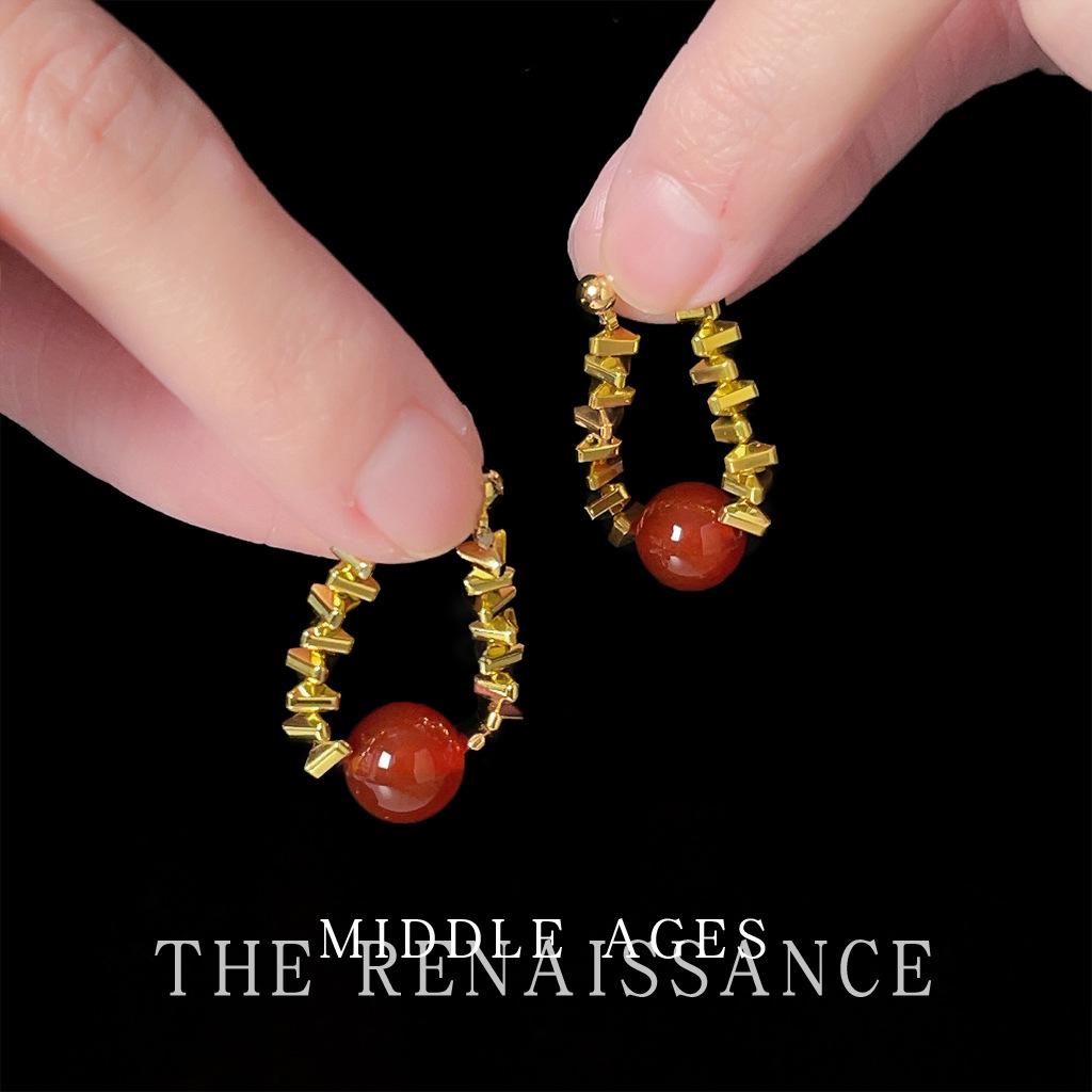 Natural agate earrings retro plated 14k gold crushed silver ear jewelry