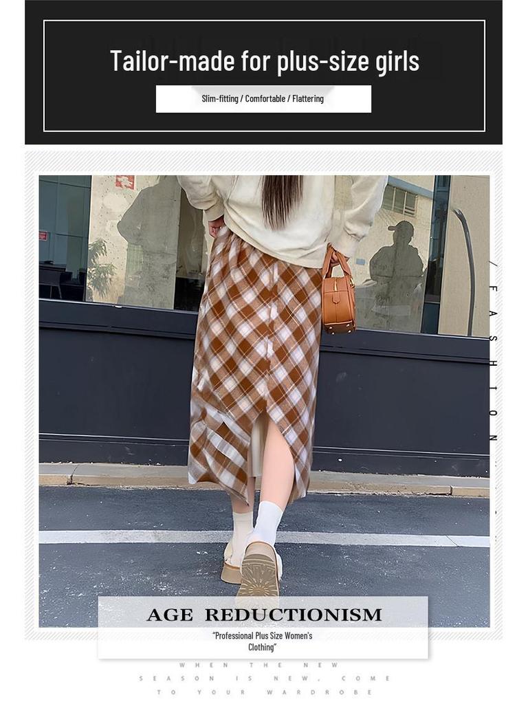 2025 Winter Plus Size Retro Plaid Midi Skirt - Thick Wool for 130-320 Jin