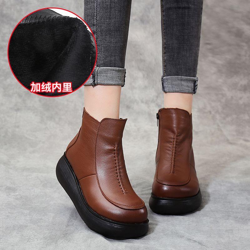 Classic Black Cow Leather Boots Ankle Fur Sneakers Woman Waterproof Platform Rain Boots Round Toe High Heeled Ankle Snow Shoes