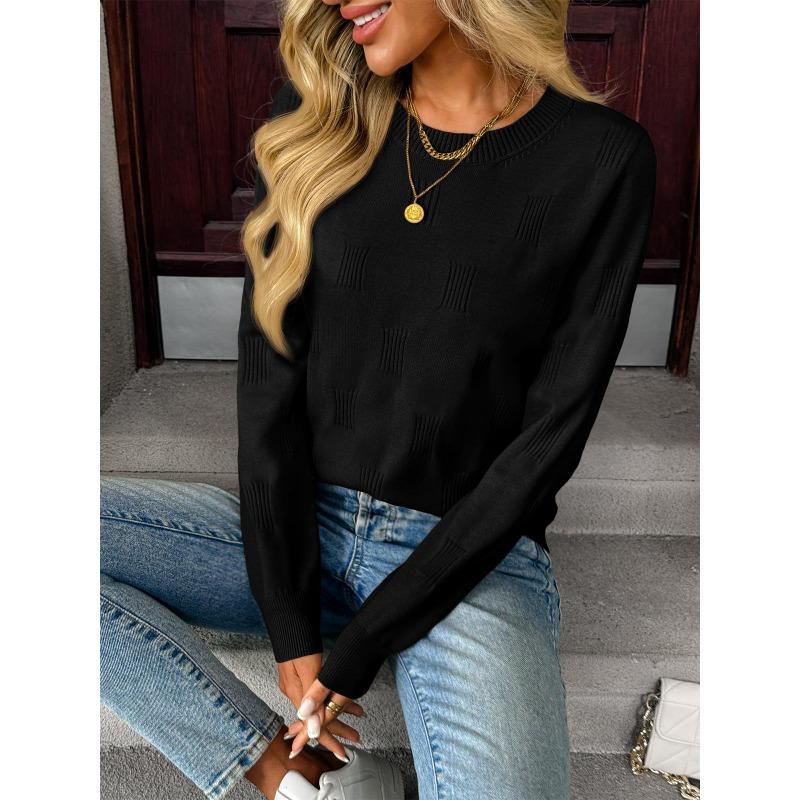 Women S Casual Knitted Pullover Sweater Round Neck Long Sleeve Solid Color
