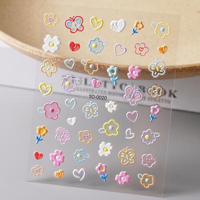 Dopamine Color Embossed Nail Art Sticker Line Flower Pink Sweet Wind Kids Reward Cute Nail Sticker
