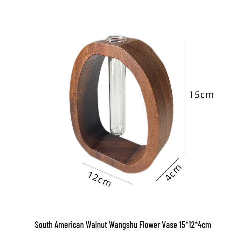 Walnut Solid Wood & Glass Hydroponic Vase for Home - Perfect for Green Plants, Fresh Flowers, and Desktop Arrangements