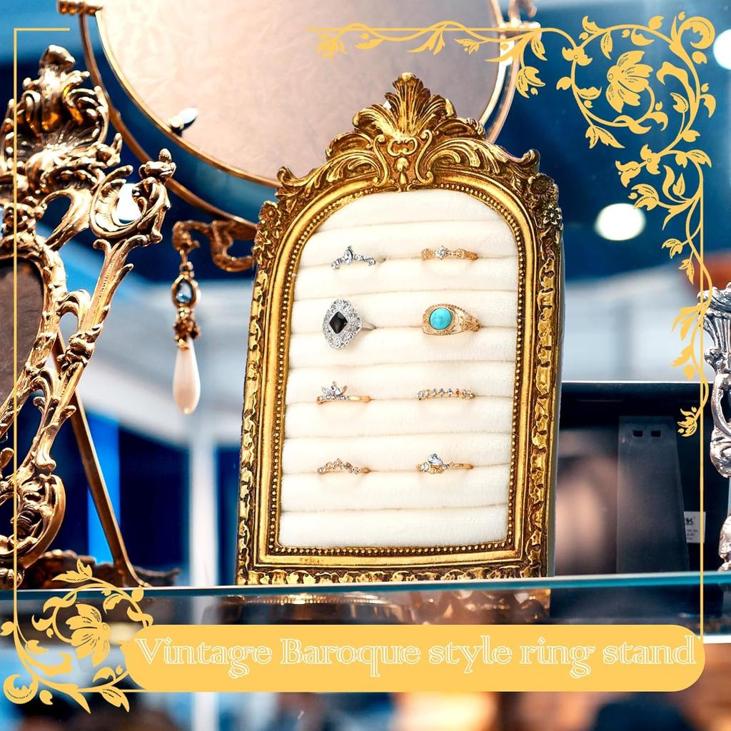 1PC Vintage Ring Holder Arched Gold Ring Wedding Display Suede Jewelry Box Holder Photo Frame Earrings Tray Anniversary Engagement Baroque Storage