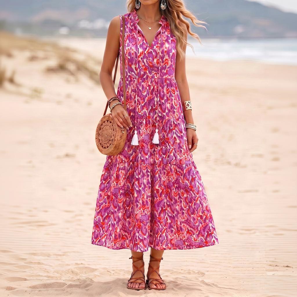 Women Sleeveless V Neck Tassel Tie Printed Dress Relaxed Fit Holiday Style Flowy Waist Tank Dress for Summer Beachwear