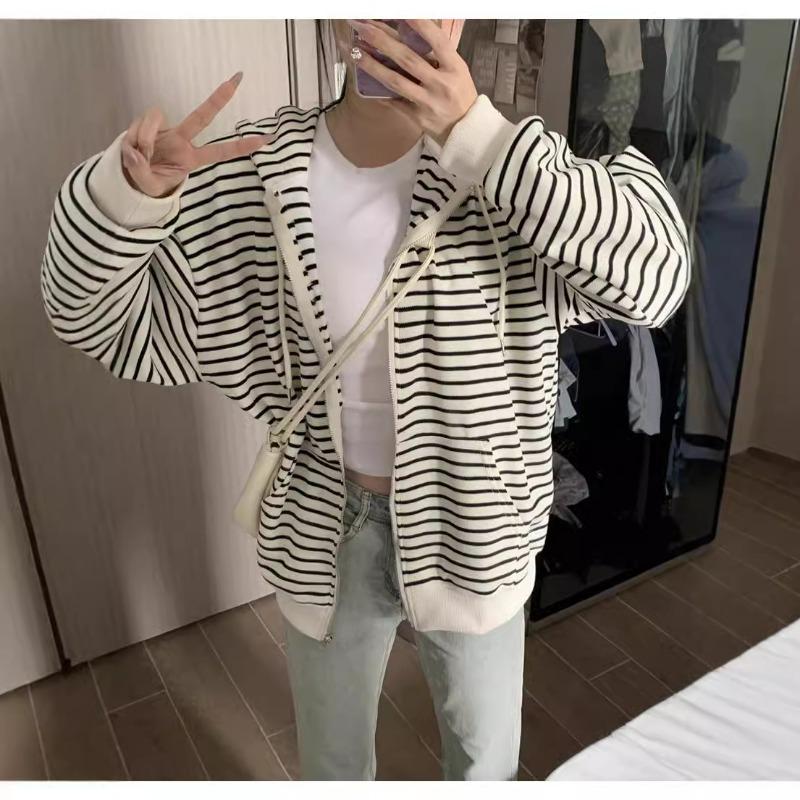 Amerikanischer Stil Lässiger Cardigan Gestreifte Sweatjacke für Damen Frühling Herbst Winter Neu Locker Mit Kapuze Hongkong Stil Oberteil