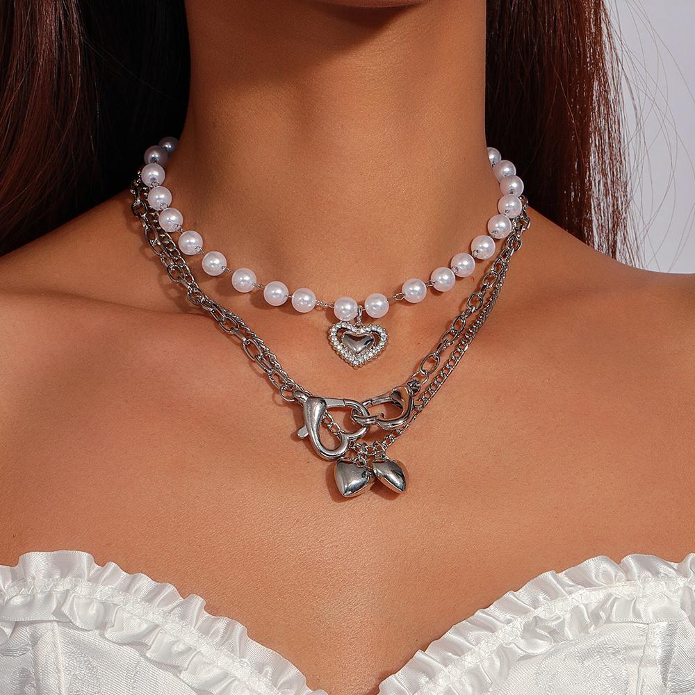 3pcs Delicate Love Heart Necklace Multilayer Pearl Choker Necklaces for Women Bridal Wedding Party Jewelry Gifts