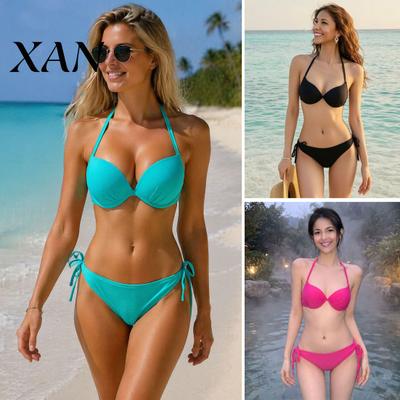 Bikini Sexy de Dos Piezas para Mujer Conjunto de Color Sólido, Traje de Baño de Verano, Top de Tirante al Cuello con Aros Conjunto de Dos Piezas y Braguita de Corte Alto, Traje de Baño para