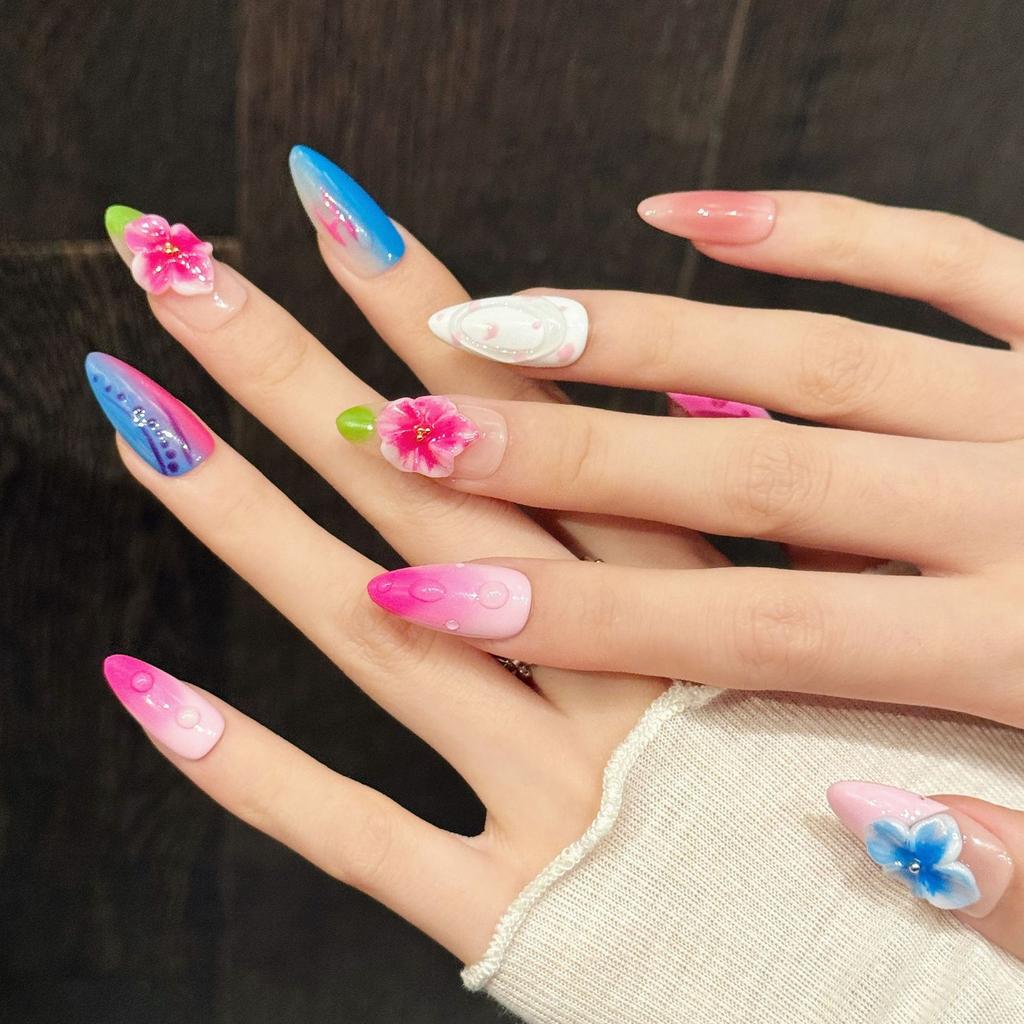 Press On Nails Almond Fake Nails 3D Flower Design Glue On False Nails Press Ons Reusable Acrylic Nails Glossy Full Cover Stick On Nails for Women
