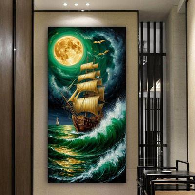 Voilier Lunaire et Paysage de Vague Grande Taille Peinture Diamant Diy Carré Complet Rond Strass Broderie Mosaïque Kits Point de Croix Décor Mural